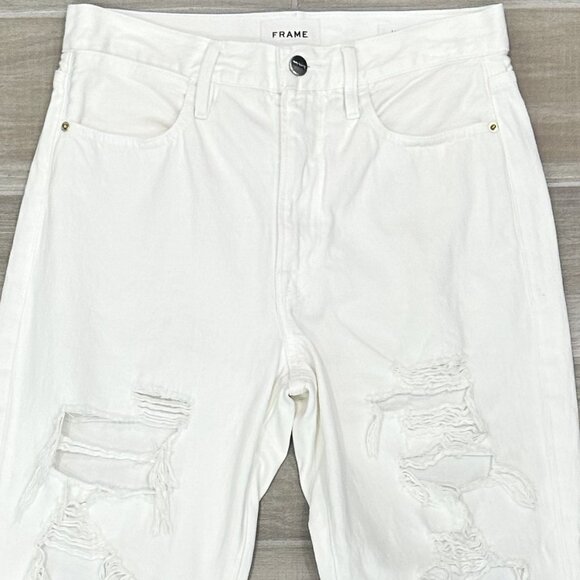 Frame Le Hollywood High Rise Distressed Jeans in Rumpled Blanc Rips White Denim - Picture 5 of 10